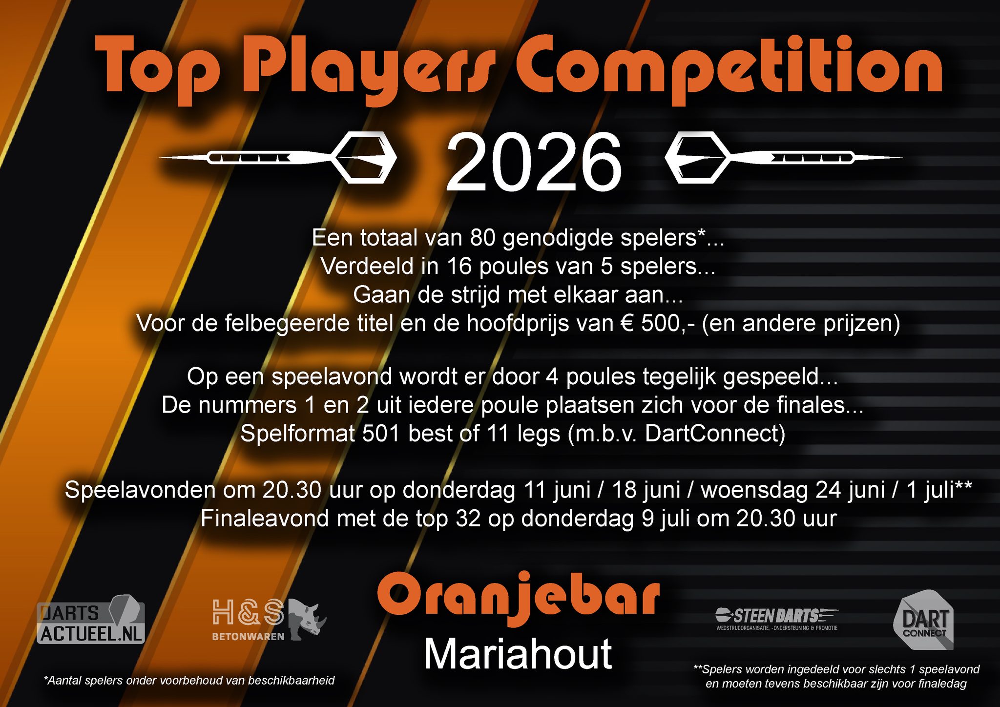 Oranjebar Top Player Competition 2026; opnieuw zijn 80 deelnemers uitgenodigd om te strijden voor de gegarandeerde hoofdprijs van €500,=.