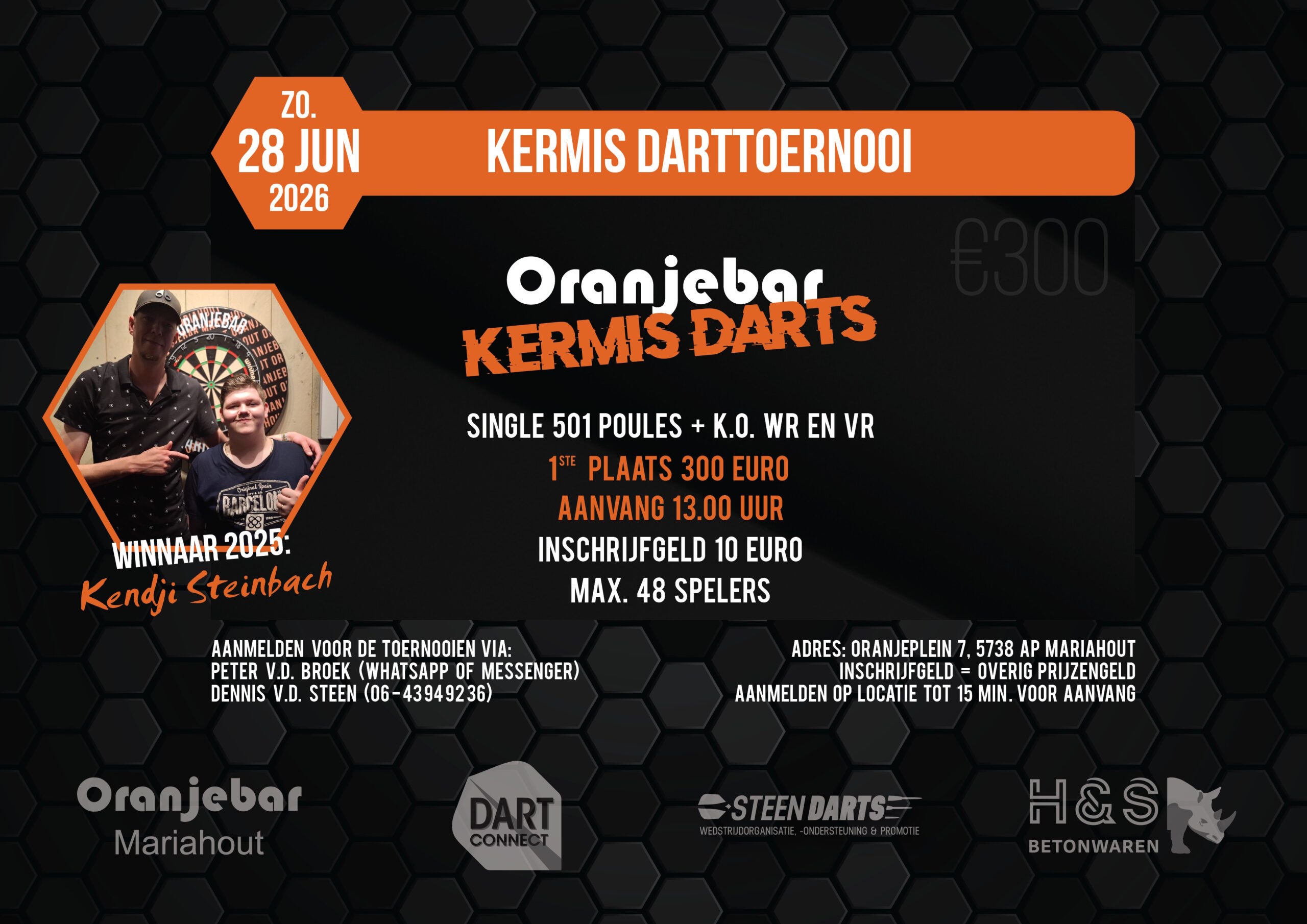 Op zondag 28 juni 2026 organiseert de Oranjebar in Mariahout het Oranjebar Kermis Darttoernooi 2025; Zorg dat je er bij bent.