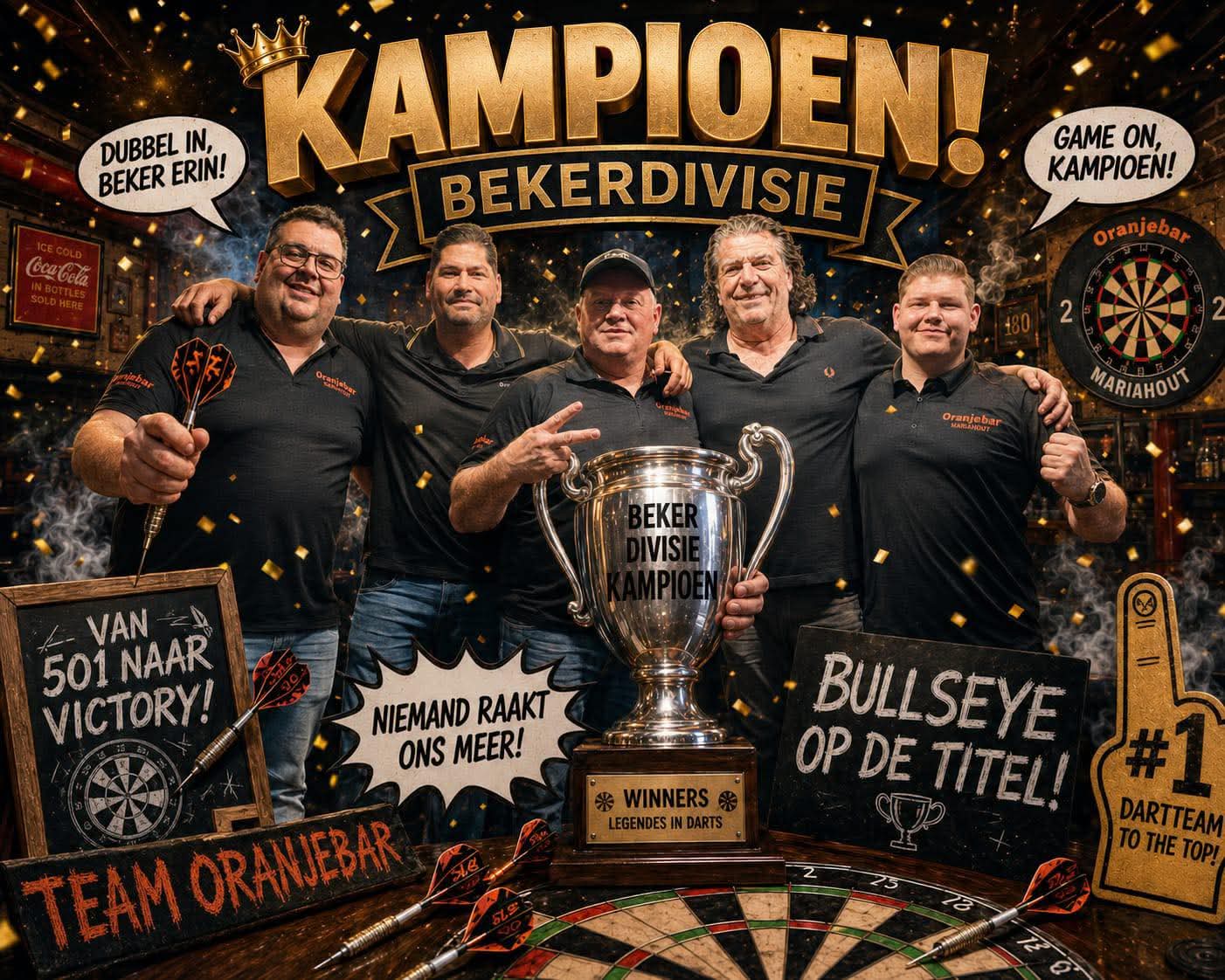 Ook seizoen ’25-’26 bij de Peelland Dart Bond wordt afgesloten met de Oranjebar Lions als kampioen van de Eredivisie en de Beker.