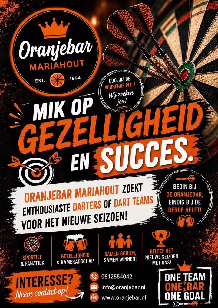 De Oranjebar in Mariahout zoekt enthousiaste dartspelers of dartteams voor het komende seizoen.